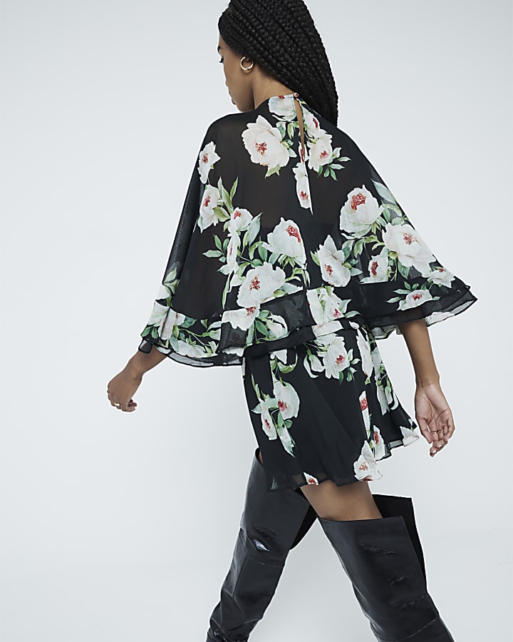 Black Long Sleeve Floral Cape Mini Dress