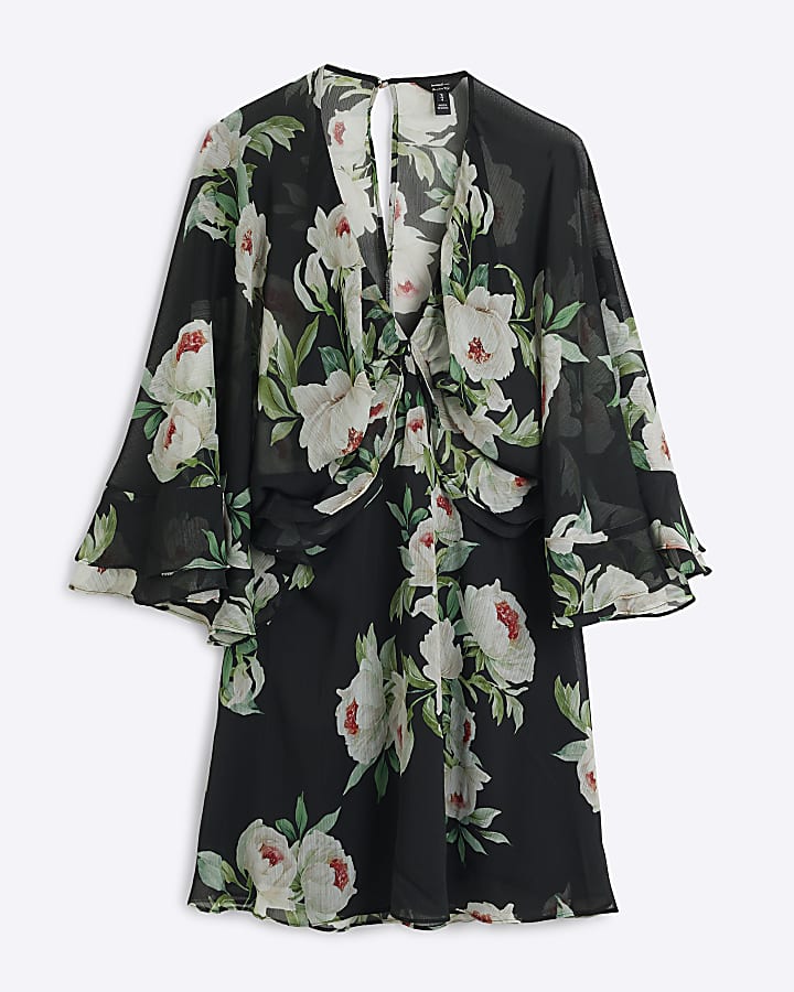 Black Long Sleeve Floral Cape Mini Dress