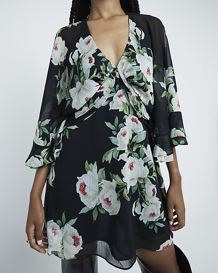 Black Long Sleeve Floral Cape Mini Dress