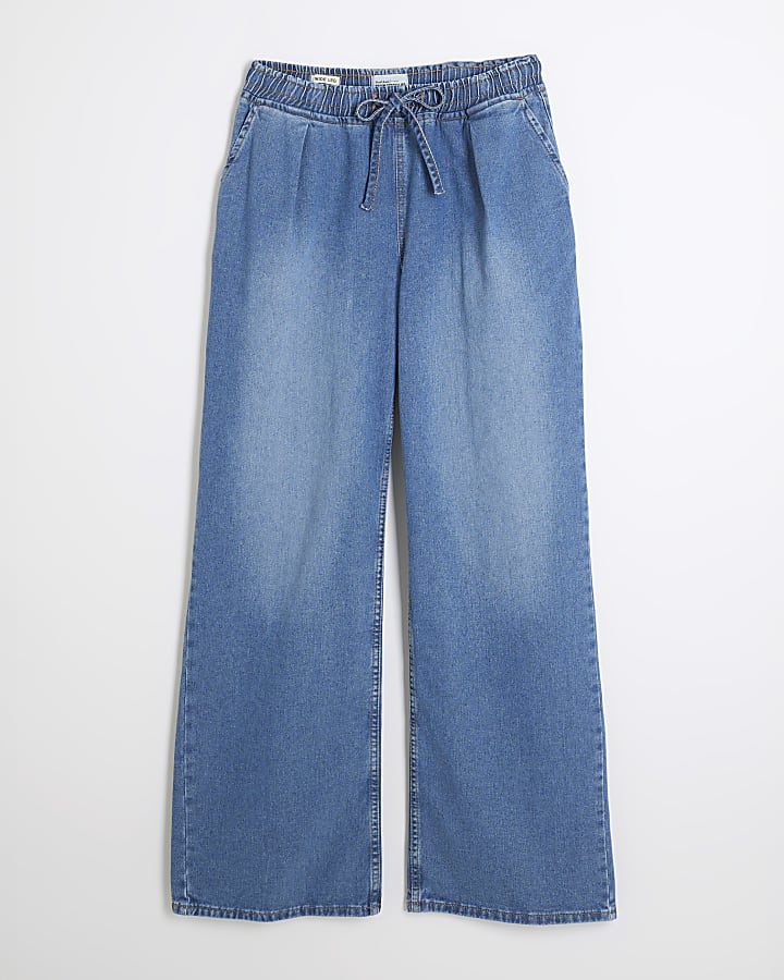 Blue Mid Rise Wide Leg drawstring jeans