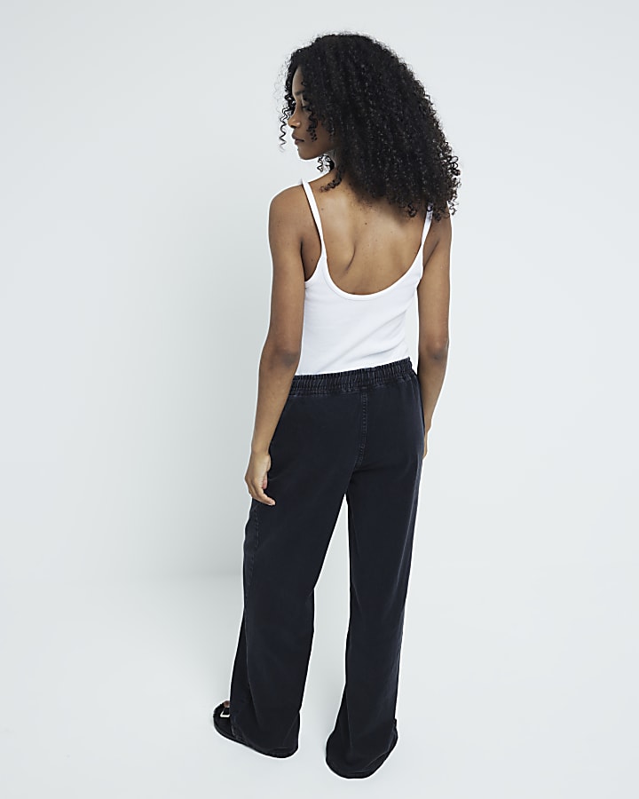 Black loose wide leg drawstring jeans