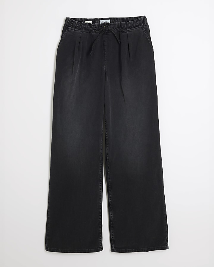 Black loose wide leg drawstring jeans