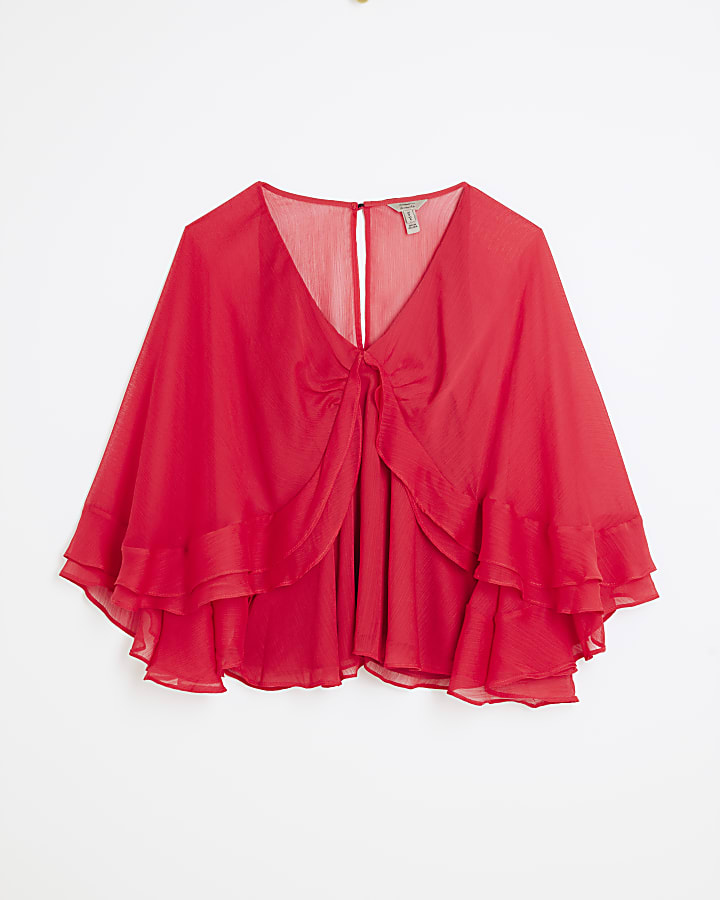 Red Long Sleeve Ruffle Cape Top