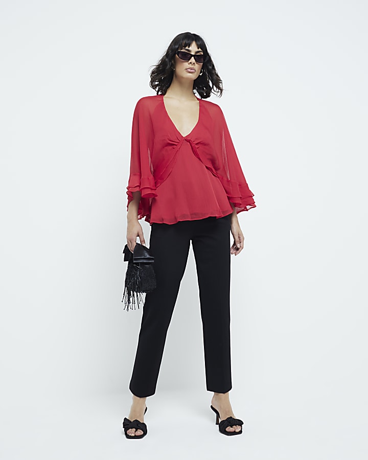 Red Long Sleeve Ruffle Cape Top