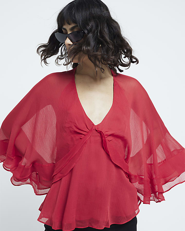 Red Long Sleeve Ruffle Cape Top