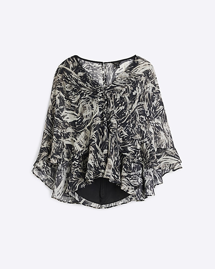 Brown Chiffon Abstract Ruffle Cape Top