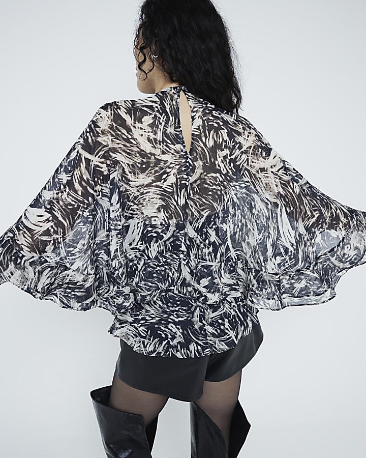 Brown Chiffon Abstract Ruffle Cape Top