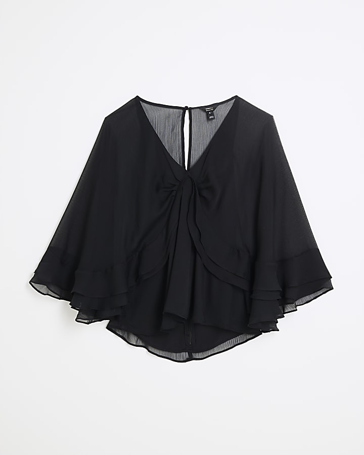 Black Long Sleeve Ruffle Cape Top