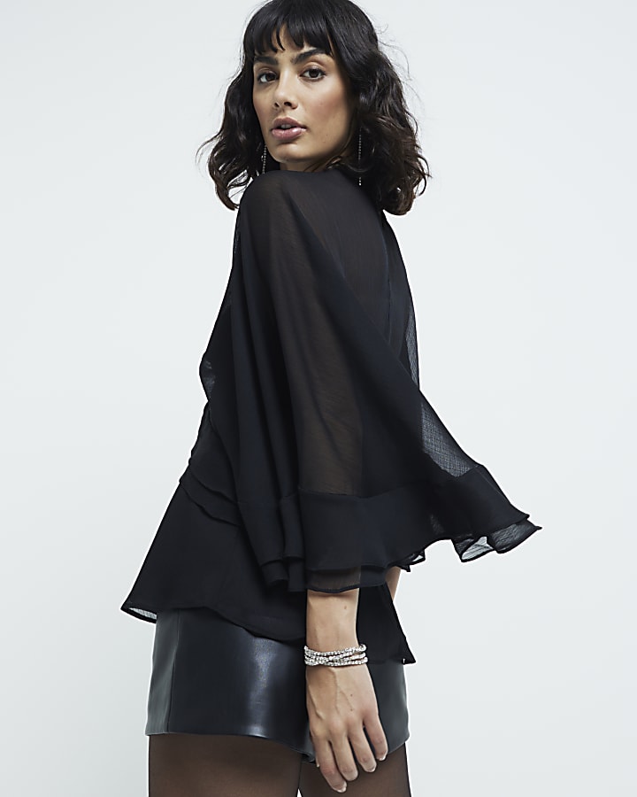 Black Long Sleeve Ruffle Cape Top