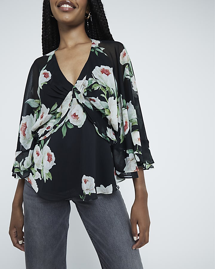 Black Floral Long Sleeve Ruffled Top