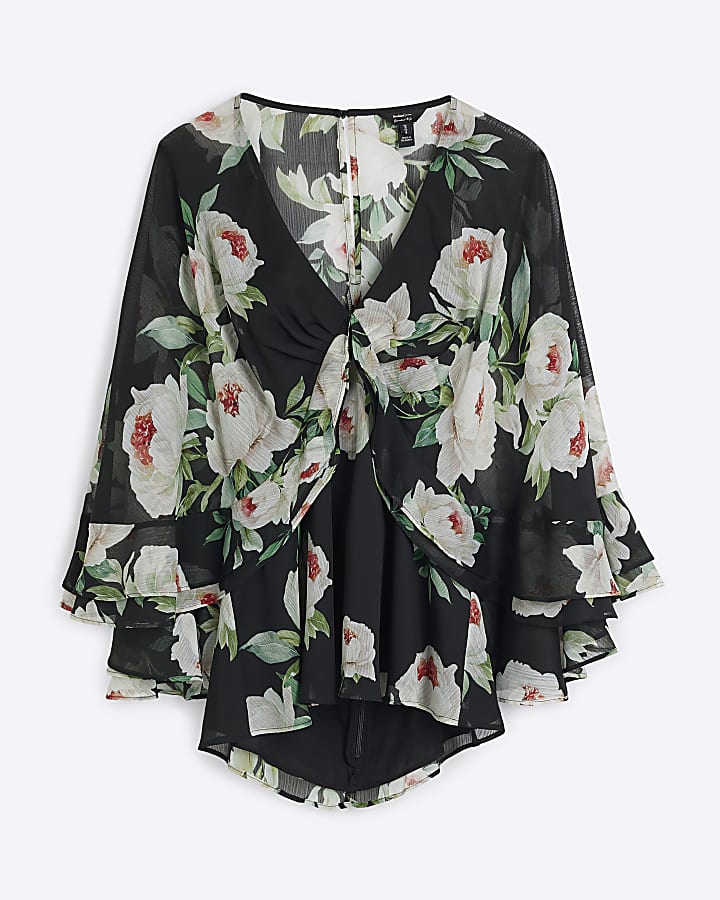 Black Floral Long Sleeve Ruffled Top