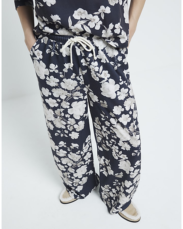 Black Floral Wide Leg Joggers