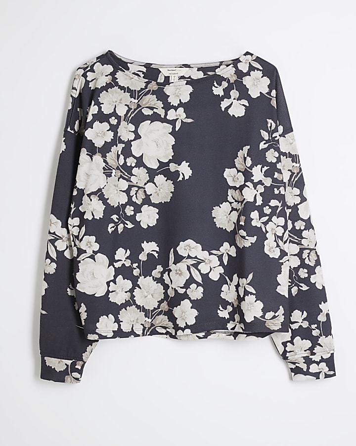 Black Floral Print Sweatshirt