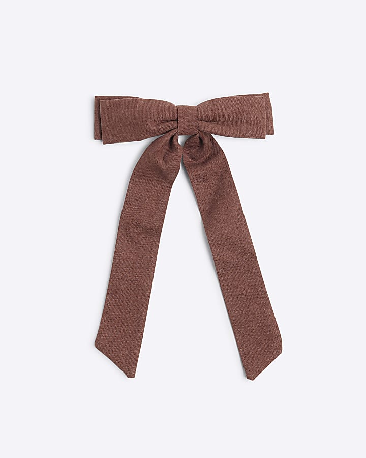 Brown linen bow hair clip