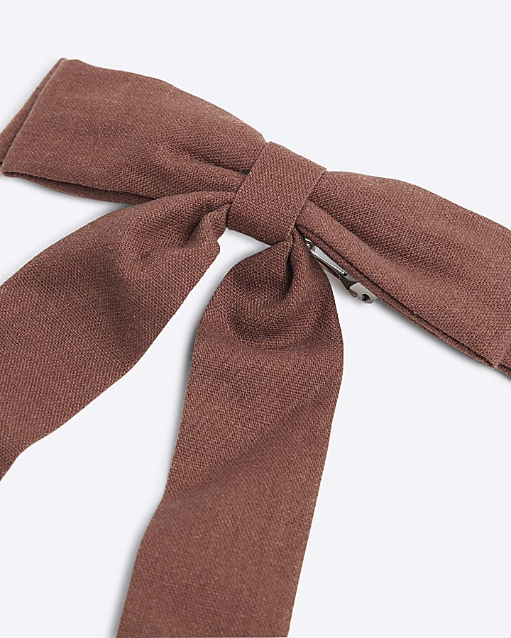 Brown linen bow hair clip