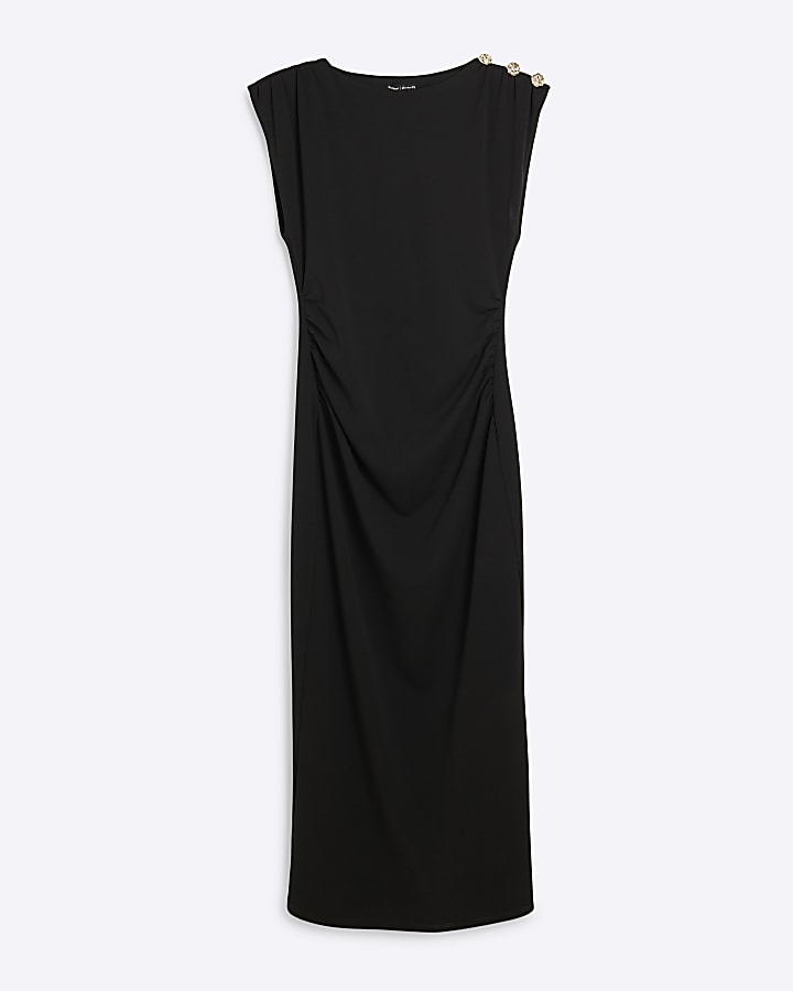 Black shoulder pad drape bodycon midi dress