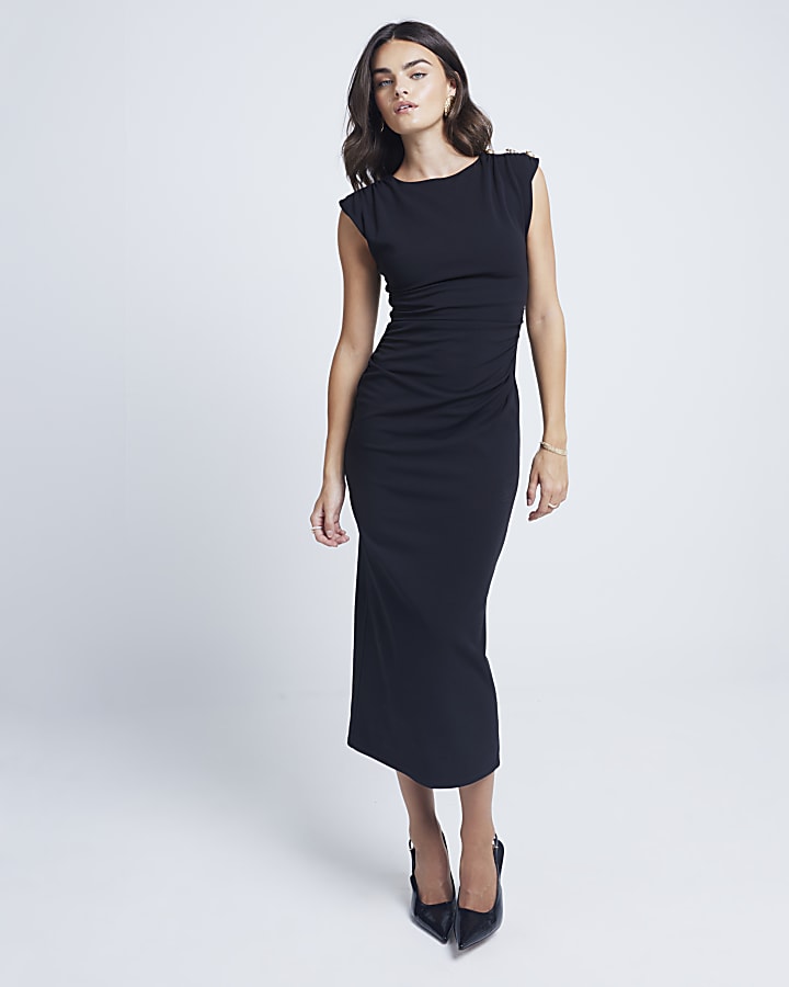 Black shoulder pad drape bodycon midi dress