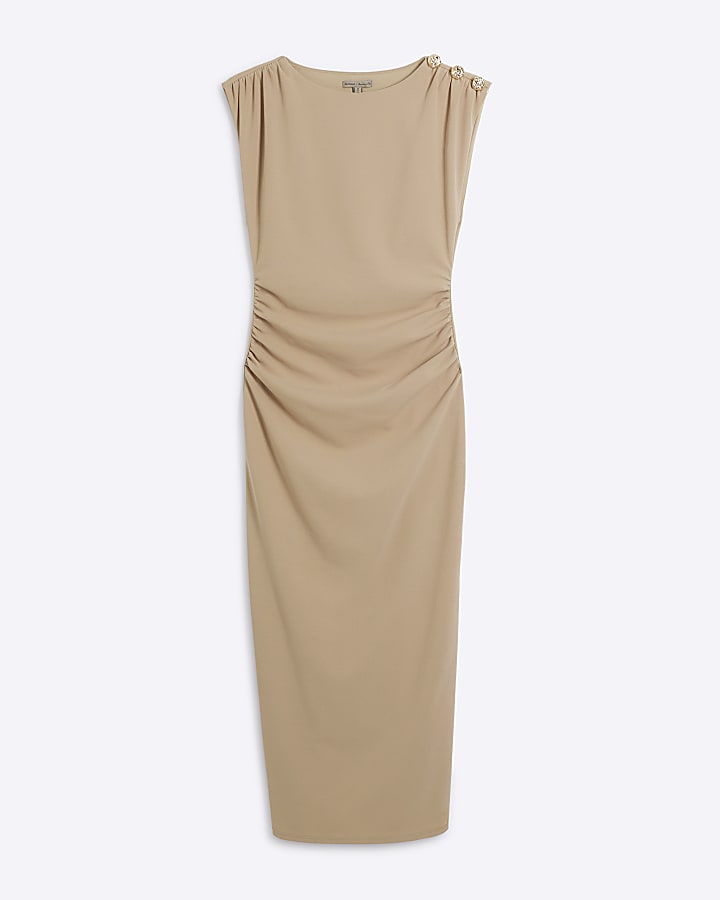 Stone shoulder pad drape bodycon midi dress