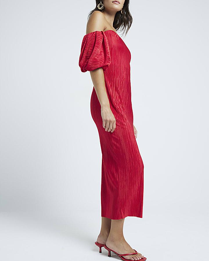 Red plisse bardot midi dress