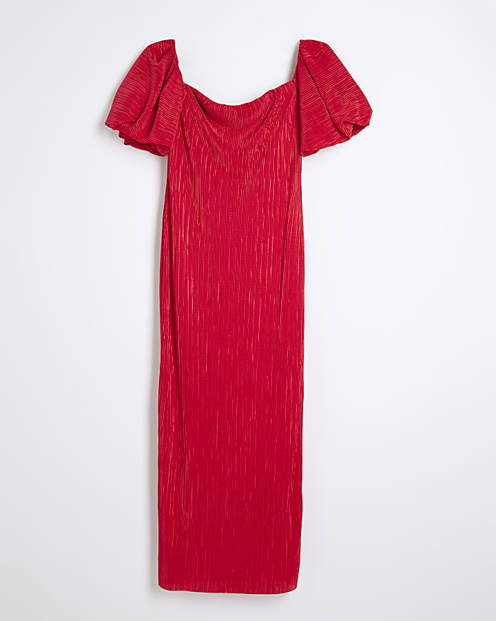 Red plisse bardot midi dress