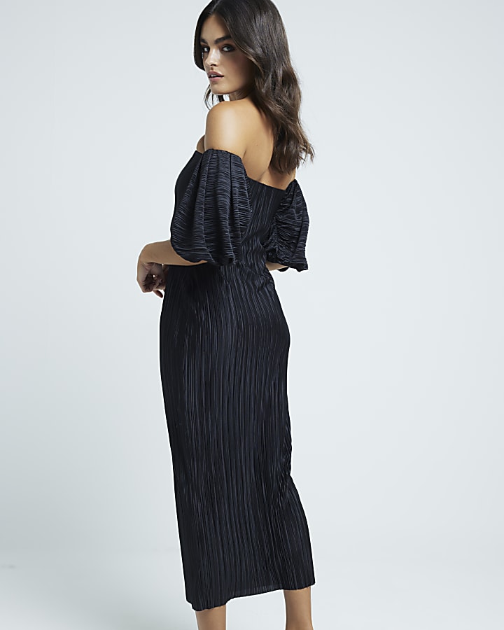 Black plisse bardot midi dress