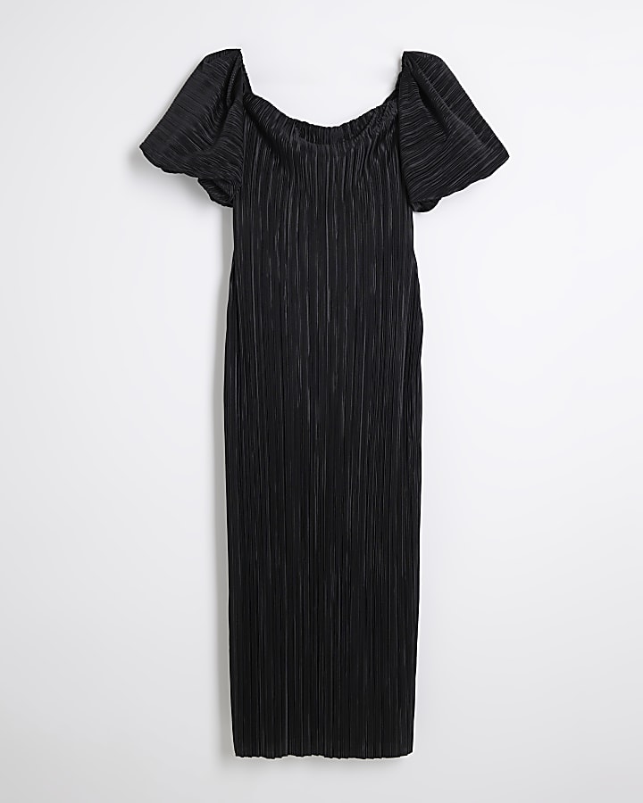 Black plisse bardot midi dress