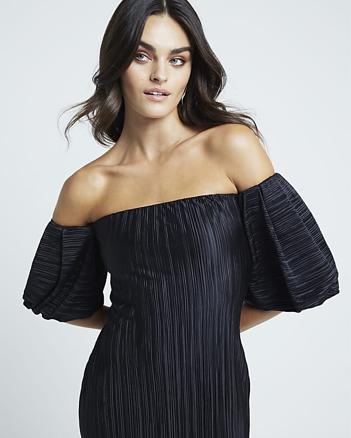 Black plisse bardot midi dress