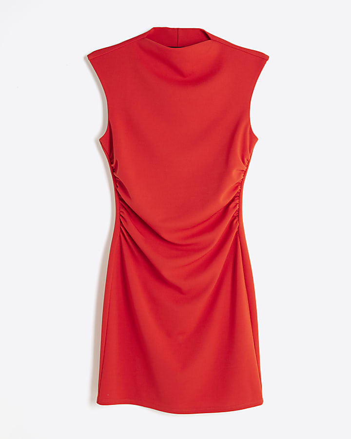 Red ruched high neck bodycon mini dress