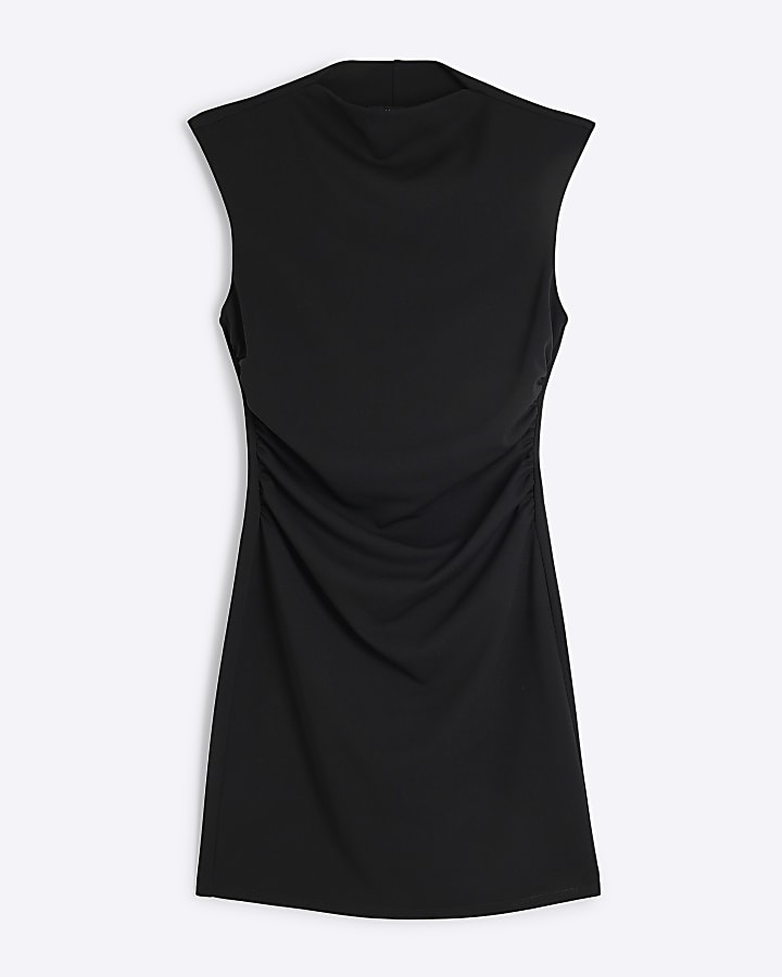 Black ruched high neck bodycon mini dress
