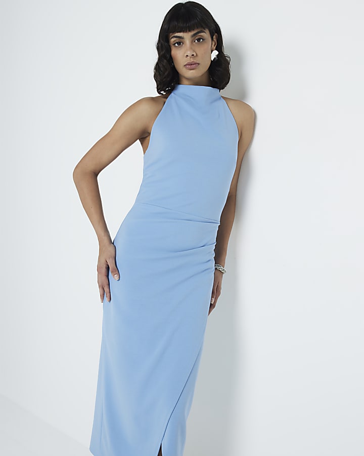 Blue open back bodycon midi dress
