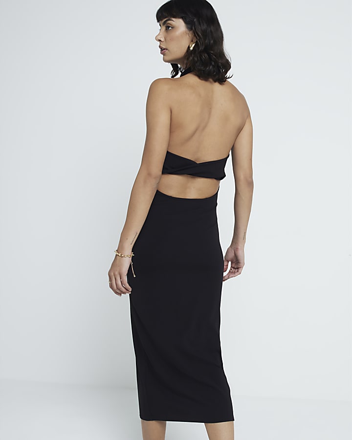 Black open back bodycon midi dress