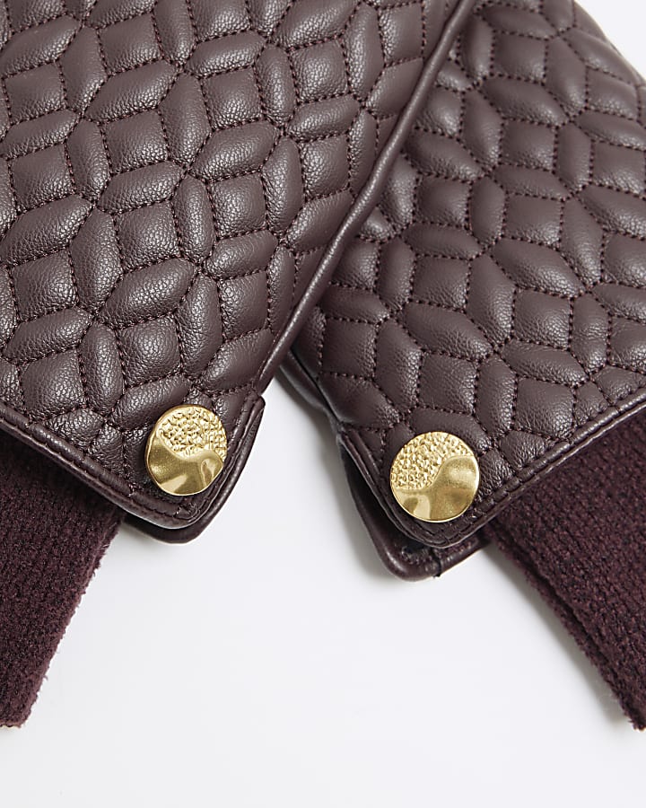 Red Faux Leather Quilted Gloves