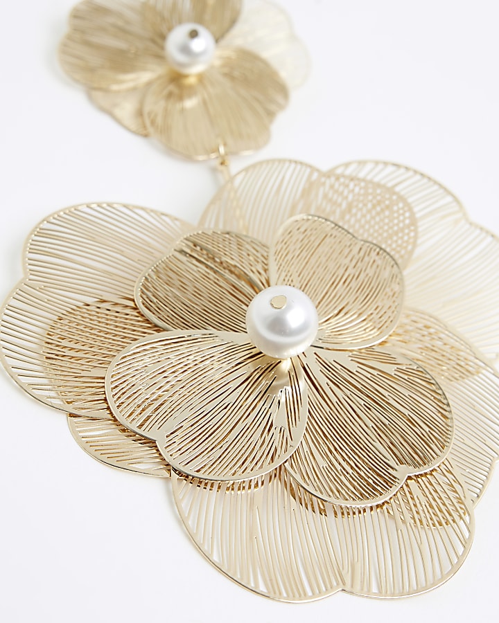 Gold flower pearl drop earrings