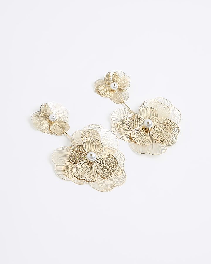 Gold flower pearl drop earrings