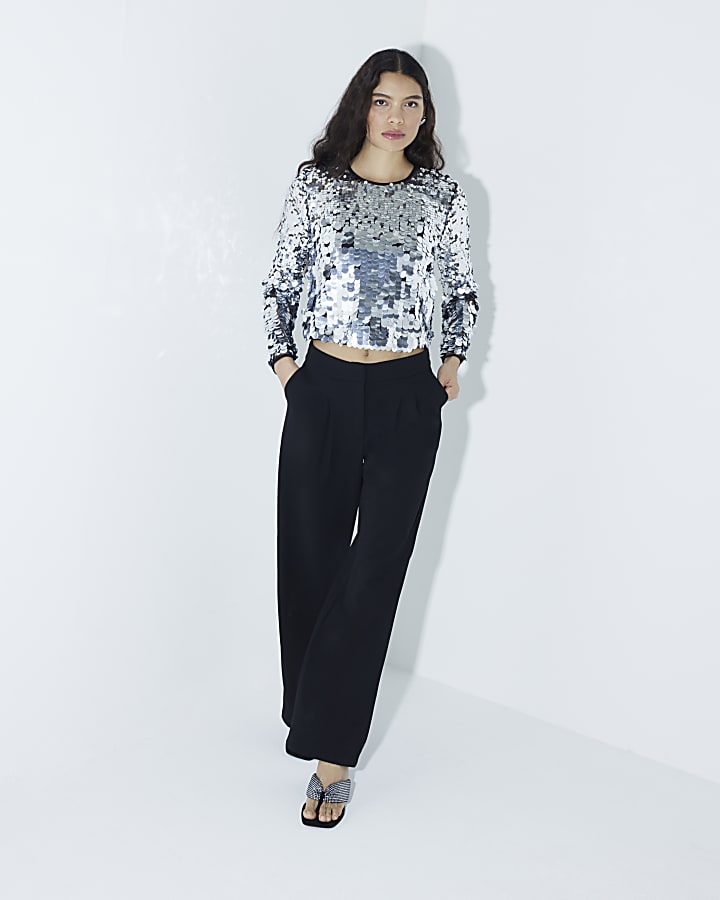 Silver Premium Sequin Long Sleeve Crop Top