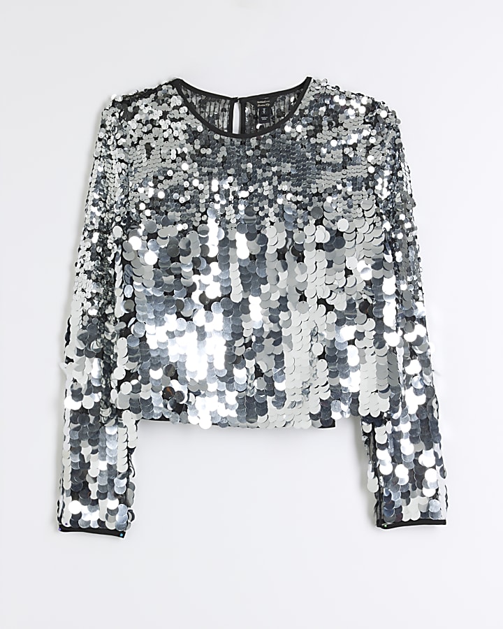 Silver Premium Sequin Long Sleeve Crop Top