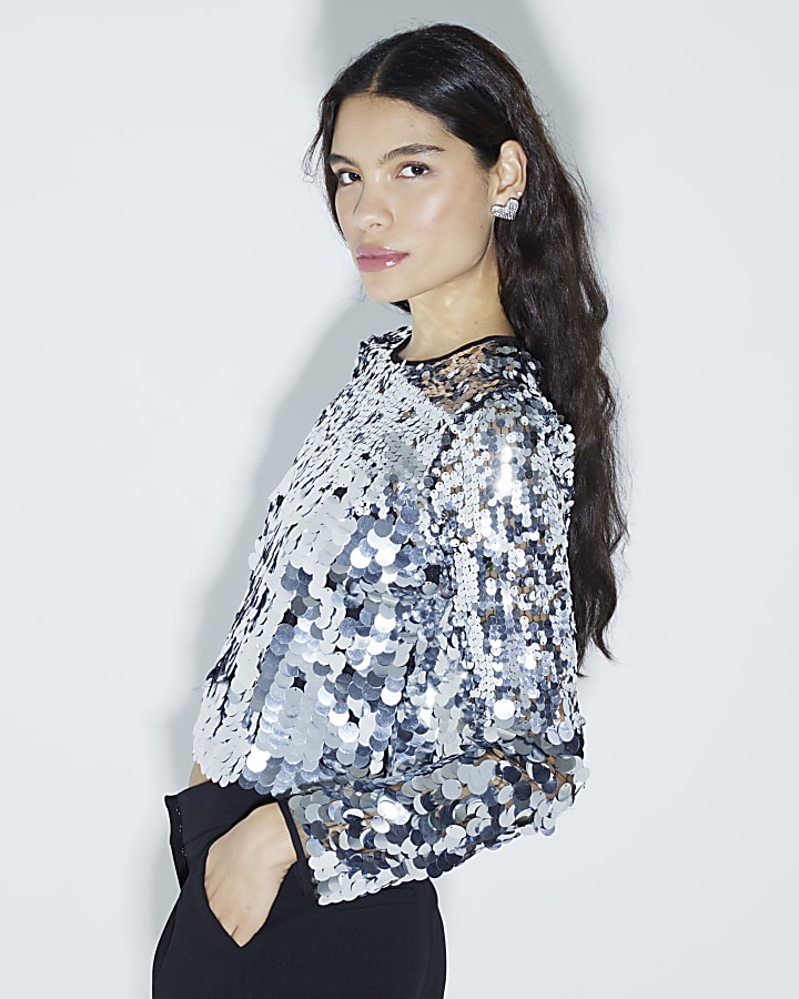 Silver Premium Sequin Long Sleeve Crop Top