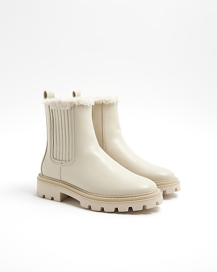 Cream Faux Fur Lined Chelsea Boots