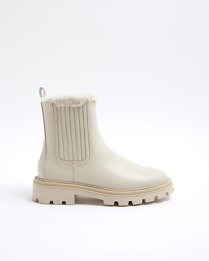 Cream Faux Fur Lined Chelsea Boots