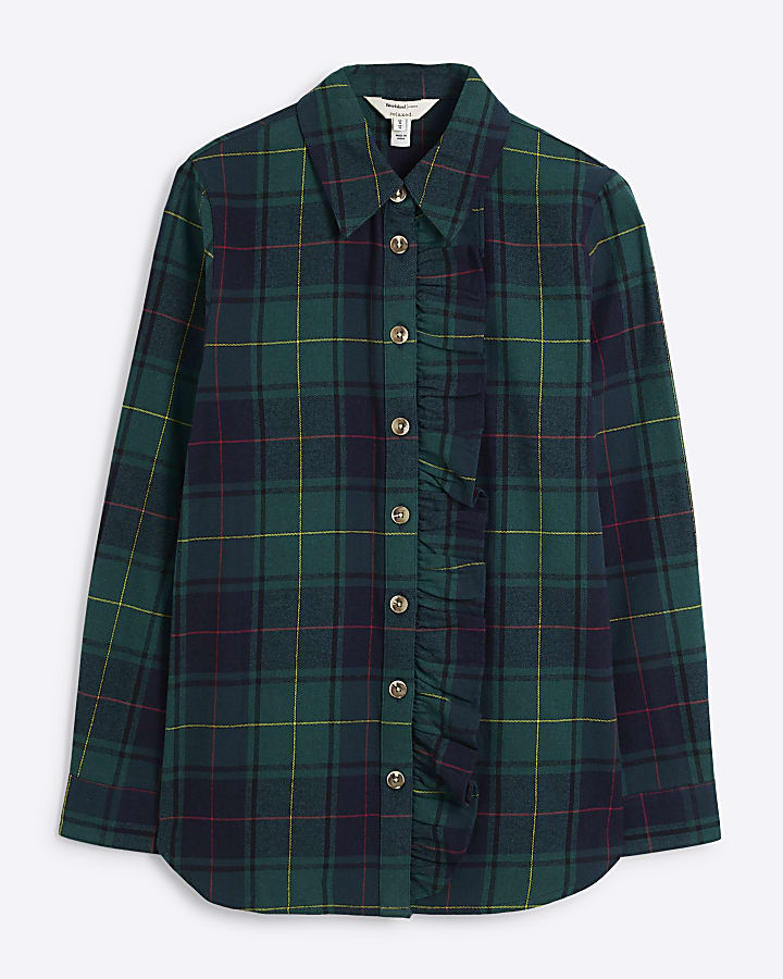 Green Long Sleeved Frill Front Checked Shirt