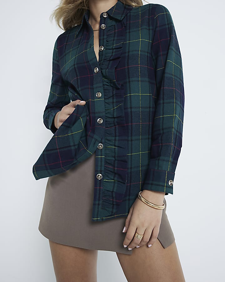 Green Long Sleeved Frill Front Checked Shirt