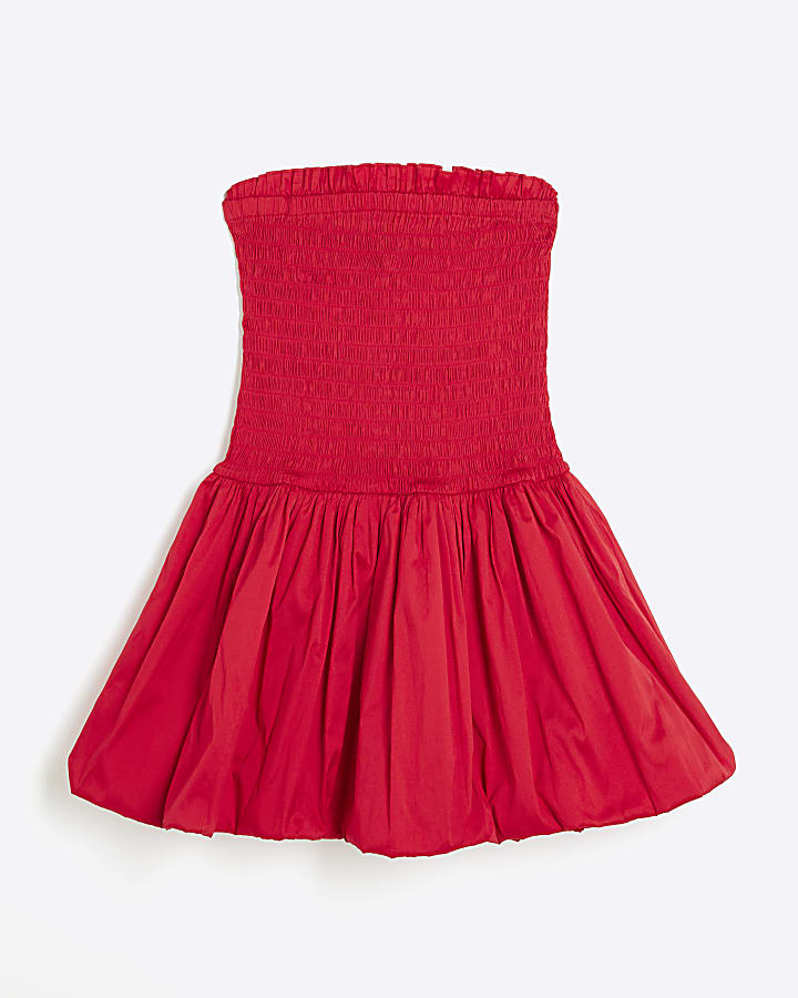 Red Shirred Bandeau Bubble Hem Mini Dress