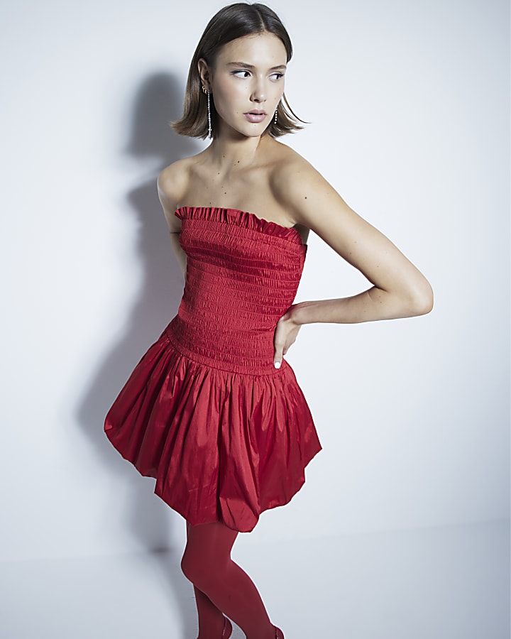 Red Shirred Bandeau Bubble Hem Mini Dress