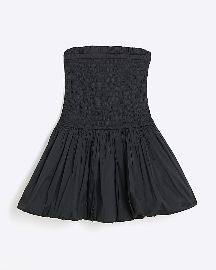 Black Shirred Bandeau Bubble Hem Mini Dress