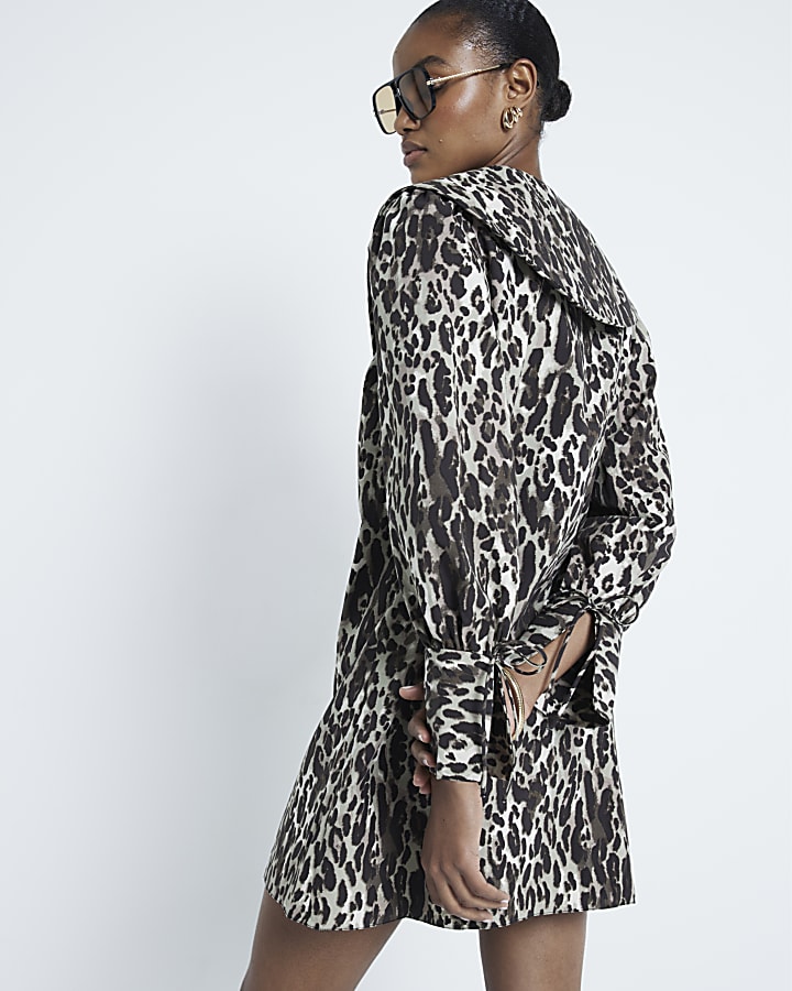 Brown Leopard Large Collar Mini Shirt Dress