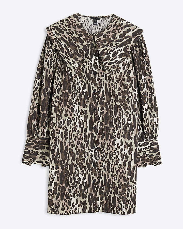 Brown Leopard Large Collar Mini Shirt Dress