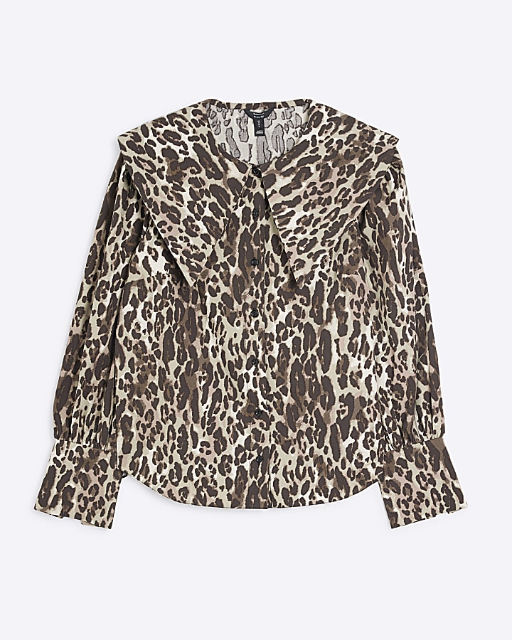 Brown Leopard Large Peter Pan Collar Blouse