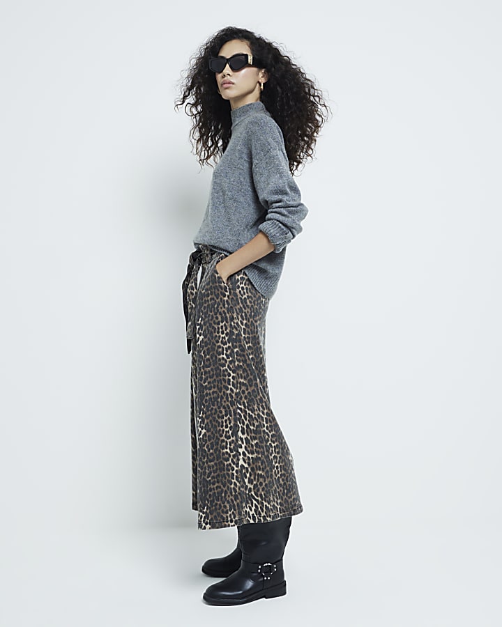 Brown Denim Leopard Print Full Midi Skirt