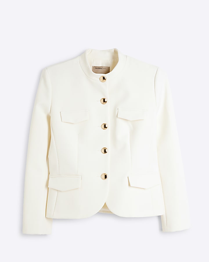 Petite Cream Pocket Military Blazer