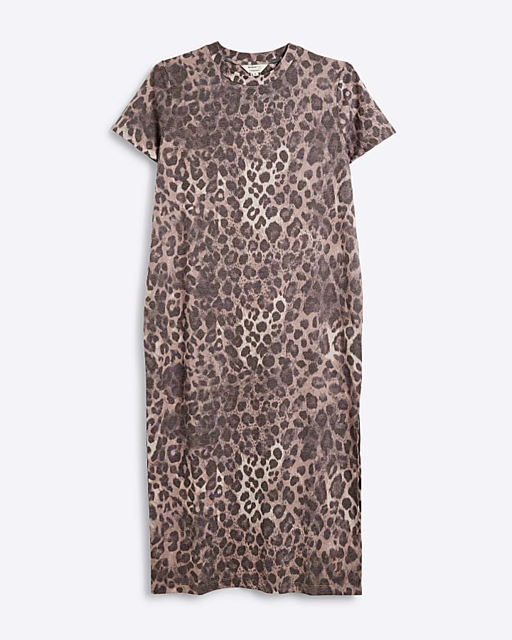 Petite Brown Leopard Print T-Shirt Midi Dress